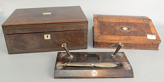 Three piece group to include rosewood lap desk, ht. 5 1/2", wd. 14"; Victorian inlaid lap desk, ht. 3", wd. 12"; a silver inlaid ink stand and pen hol