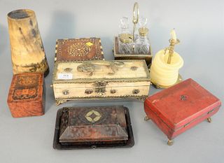 Seven piece group to include inlaid boxes, leather boxes, horn vase, decanter set with 4 bottles and a bone box.