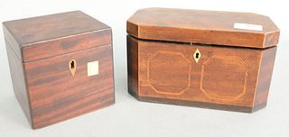 Two mahogany tea boxes, one inlaid with double interior, ht. 5", lg. 5 1/4" and ht. 5", lg. 9".
