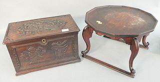 Two piece lot to include Chinese stand with octagonal top, ht. 11", dia. 17" along with a hardwood carved wood box with carved dragons and bats, ht. 9