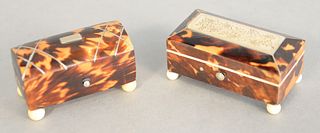 Two miniature Georgian casket boxes, both tortoise veneered and inlaid with silver, one with mother of pearl panel, 19th C, lg. 2 1/2" and 3".