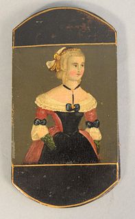 Papier-mache holder with hand painted woman in dress, may be seperate, 5 1/2" x 3".