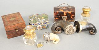 Eight piece group to include 2 horn boxes, tortoise inkwell, casket form box, rosewood inlaid box, 2 French crystal inkwells with painted tops and Chi