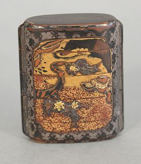 Black lacquered Inro in 5 parts, gilt and painted landscape, 2 1/2" x 2 1/4".
