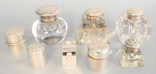 Group of 8 silver and crystal inkwells, 4 are silver boxes opening to crystal inkwells.