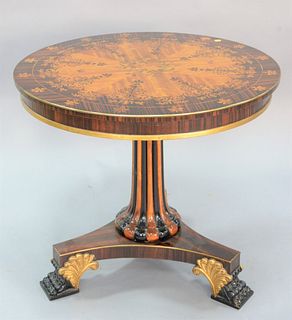 Contemporary center table with marquetry inlaid round top, ht. 29", dia. 34".