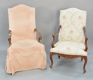 Two French style upholstered, carved arm chairs, hts. 46" and 49 1/2".