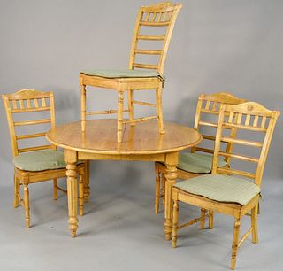 Five piece dining set with round pine table, 1 leaf, dia. 20" open top 50" x 70" along with 4 chairs, ht. 30".