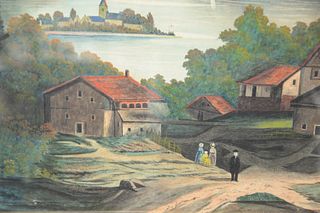 B. Potts watercolor, primitive landscape, signed lower left B Potts 1876, 19" x 25".