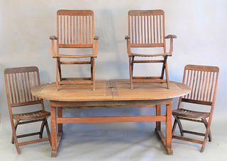 Six piece outdoor teak patio set to include Kingsley Bate table (with leaf insert) along with 4 folding chairs and umbrella, ht. 29", top 50" x 78", o