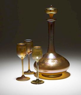 L.C. Tiffany Favrile decanter and 3 cordial stems