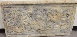 Large cement plaque with carved putti and cherubs, 23" x 44 1/2".