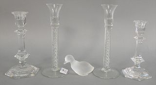 Five piece crystal group to include Baccarat candlesticks, Baccarat duck and pair of candlesticks with air twist stems, ht. 10".