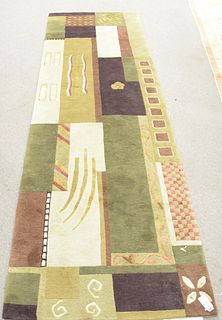 Contemporary runner with geometric designs, 3' x 10'.