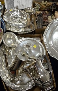 Two tray lots of Tiffany & Co. silver plated covered dishes, trays, teapots, etc.