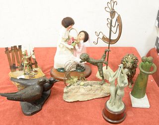 Group of sculptures to include brass lion, Chinese double figure, bronze boy painting fence signed illegibly, 3 figures including copper sculpture, Ch