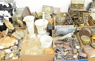 Eight box lots to include 5 tin music boxes, mortar and pedestals, brass vase, horn vases, etc.