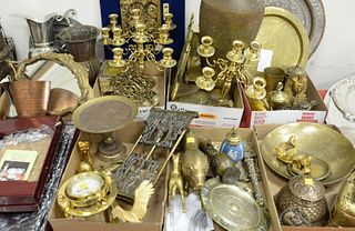 Eight tray lots of brass to include 3 desk sets, Tazza, 4 inkwells, Seth Thomas ships clock, 3 candelabras, trays, Tripp Carver eagle, 3 Arthur court 