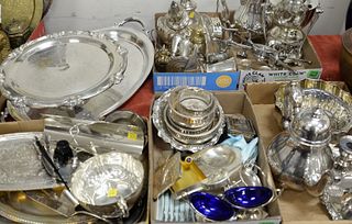 Five tray lots of silverplate to include 3 large trays, tilting pot, bowls, candlesticks, wine bottle coasters, large frog, etc.