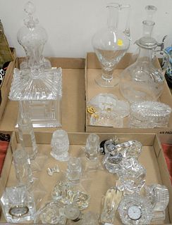 Three tray lots to include Tiffany & Co. crystal candlesticks, 3 Waterford clocks, glass animal figures, etched glass bottles, etc.