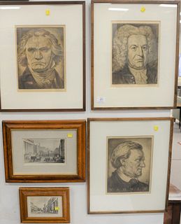 Nine framed pieces to include 3 Paul Wenck engravings of composers or musicians, Wagner, Bach and Beethoven; 2 framed engraved music notes; 2 framed f