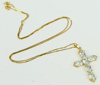 LOVELY 14KT Y GOLD NECKLACE WITH TOPAZ CROSS