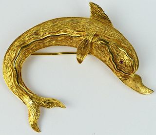 LARGE 18K YELLOW GOLD & RUBY DOLPHIN BROOCH PIN