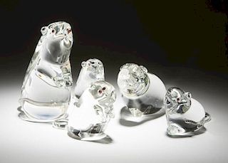 Five Steuben art glass beavers