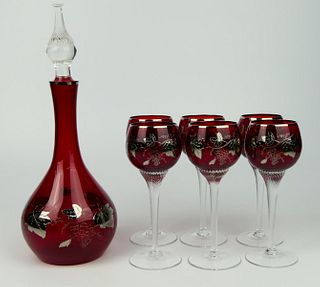 VTG CONTINENTAL SILVER OVERLAY RUBY DECANTER & 6
