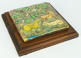 ANTIQUE TILE IN STYLE OF CHAGAL ON WOOD BASE