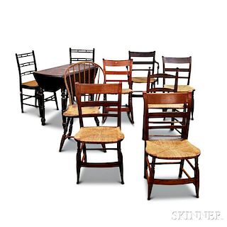 Nine Assorted 19th Century Chairs and a Walnut Drop-leaf Kitchen   Table
