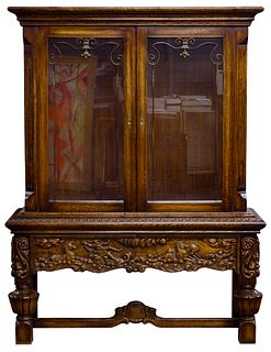 Carved Walnut Stained Display Cabinet
