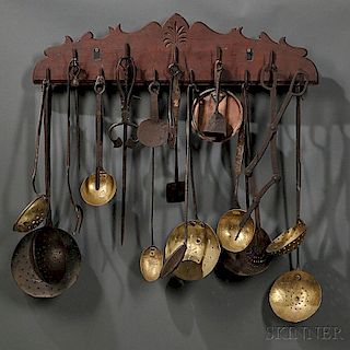 Carved Pine Hanging Board with Eleven Hooks Holding Twenty-three Kitchen Items