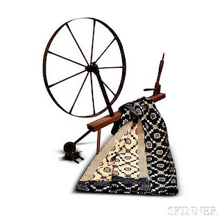 Turned Spinning Wheel and a Blue and White Woven Coverlet.