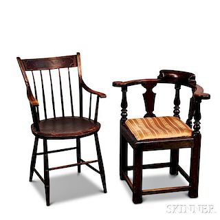 George III Oak Roundabout Chair and a Painted Thumb-back Windsor Potty   Chair
