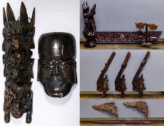 Asian Carved Wood Wall Hanging and Decorative Object Assortment