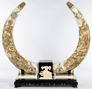 Asian Hand Carved Bone Horn Display