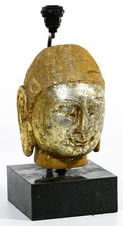 Chinese Gilt Sandstone Buddha Head on Marble Plinth