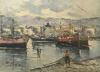 S. Lattner  20th C.Oil Painting of Fishing Harbor
