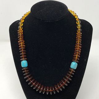 Amber-Style, Chrysocolla, and Sterling Beaded Necklace