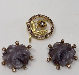 Amethyst Hued Earrings and Brooch