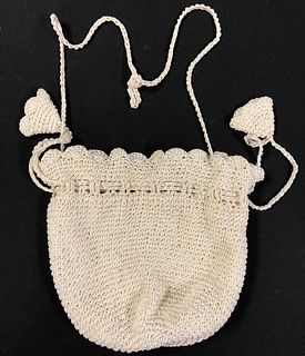Crocheted Drawstring White Bag