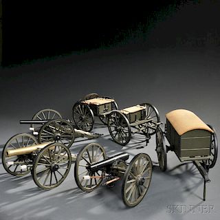 Three G.W. Funt Model Cannons, a Limber and Caisson, and a Battery Wagon