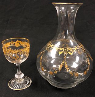 Vintage Glass Carafe & Cup with Gold Overlay