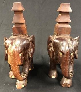 Vintage Carved Wood Elephant Pair Incense Burners