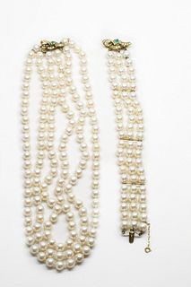 Fresh water Pearls SET & 18k Gold Diamonds Emerald clasp