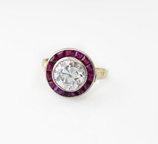 Art Deco 18k Gold, Platinum, Diamond & Rubies Target Ring