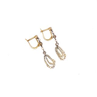 Natural Micro Pearls Diamond Platinum 18k Gold Drop Earrings