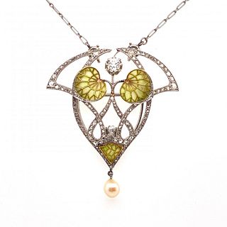 Platinum & Diamond Plique a Jour Pearl Necklace/brooch 