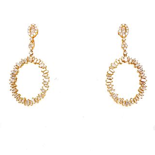 18K Gold Baguettes Diamonds Oval Earrings